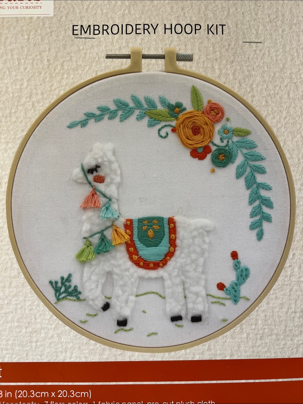 Llama Embroidery Hoop Kit 8” x 8” DIY Floral Alpaca Craft Kit NIP